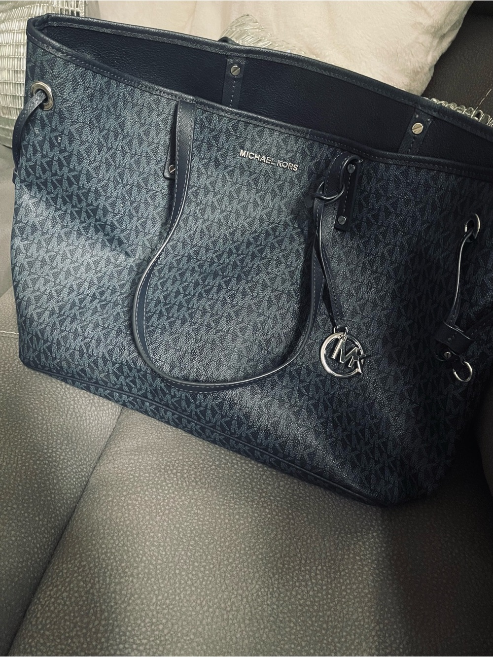 Michael Kors Black MK Logo Tote with Silver Charm